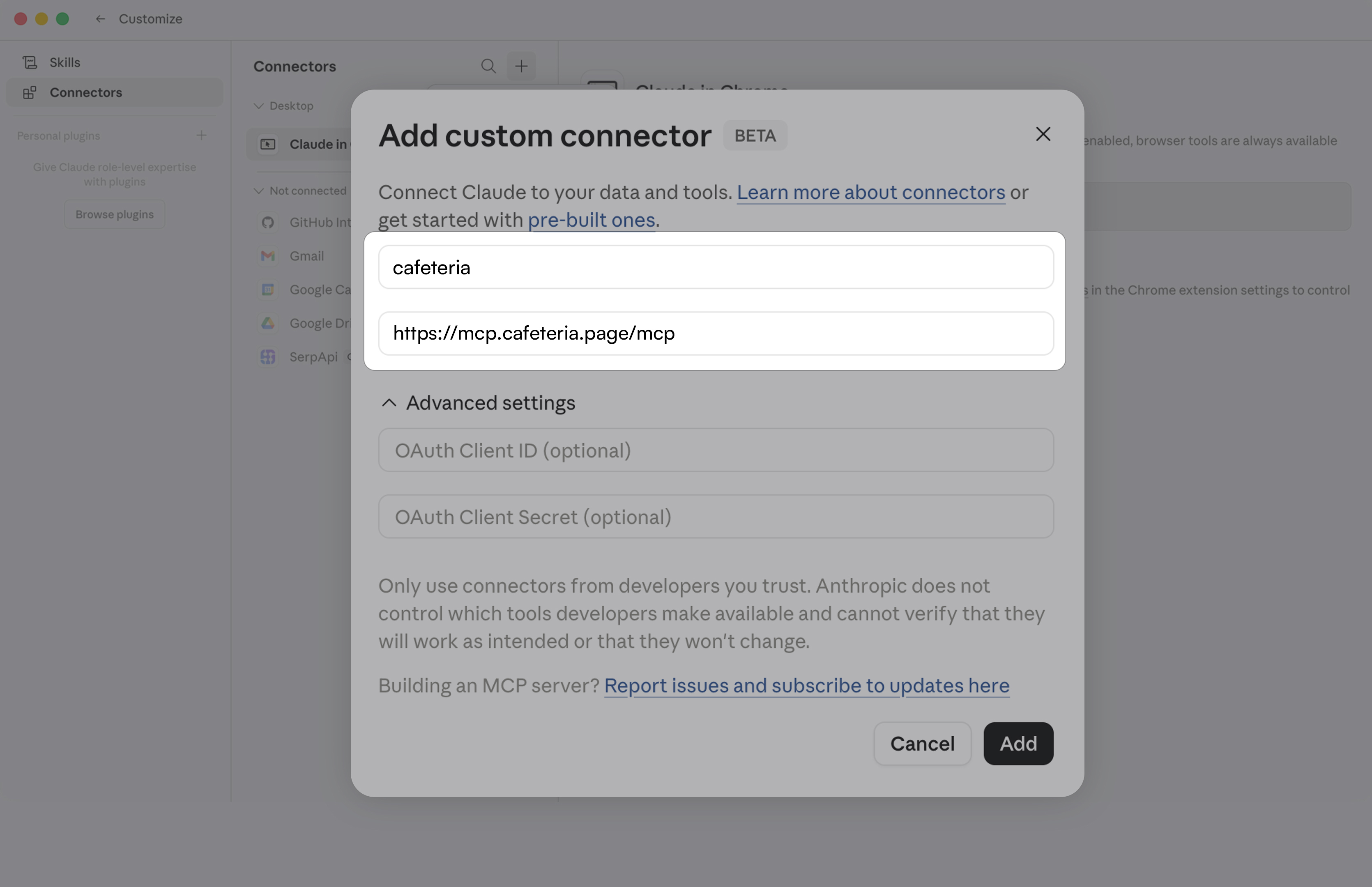 Add custom connector dialog