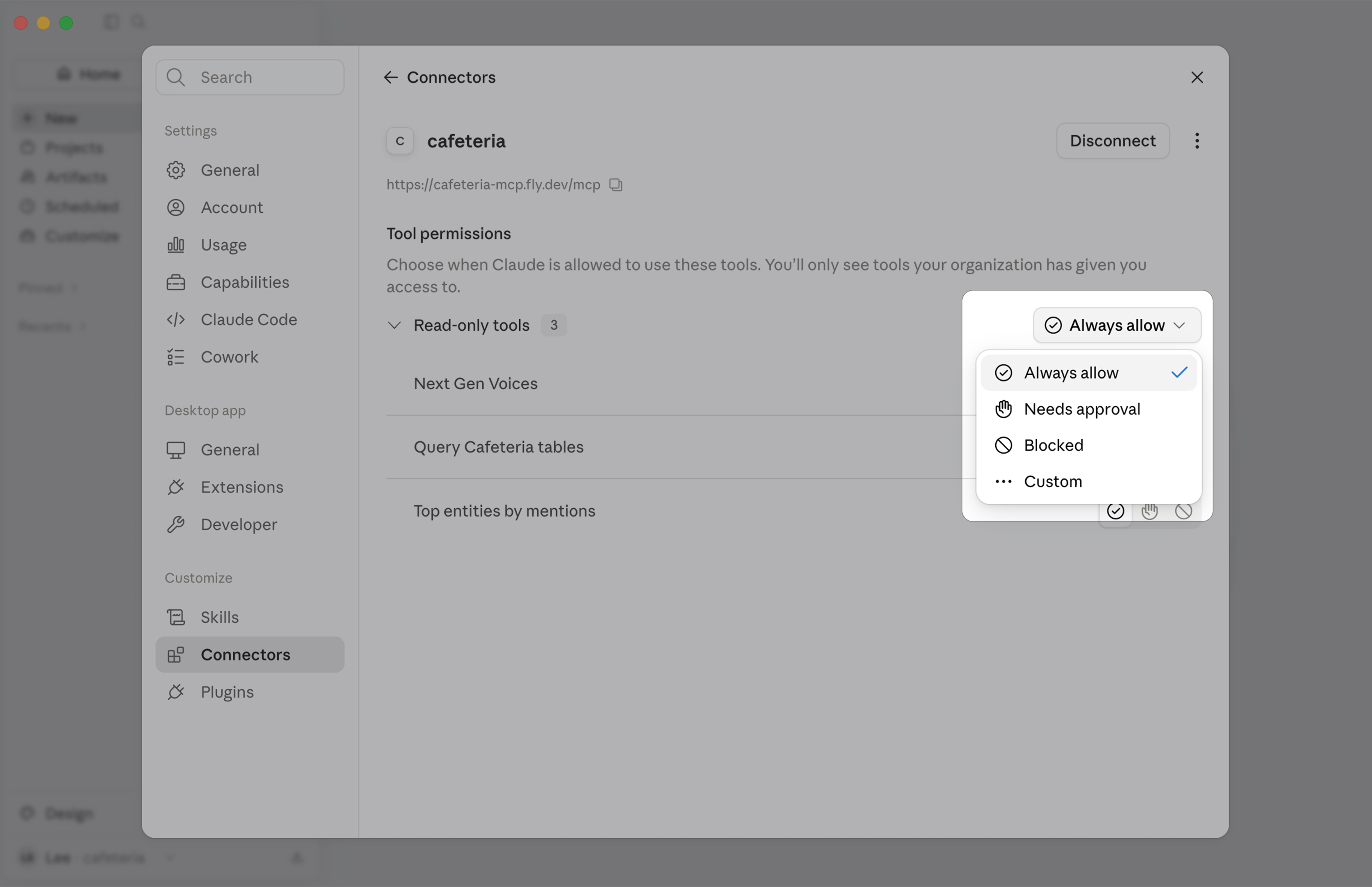 Tool permissions for the cafeteria connector